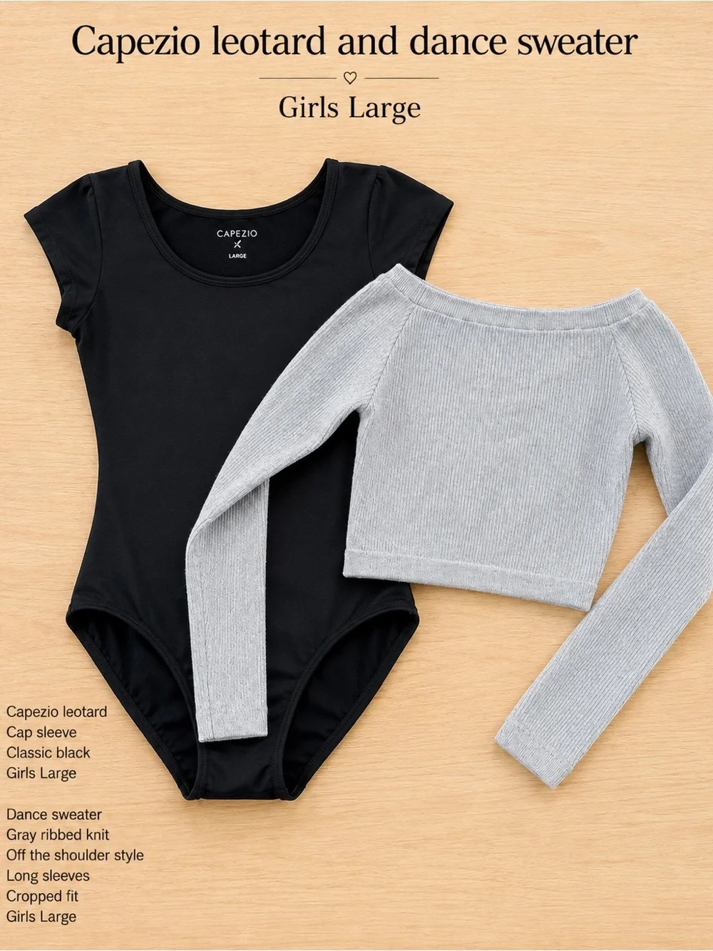 Capezio Girls Large Black Leotard + Gray Cropped Dance Sweater Ballet Bundle